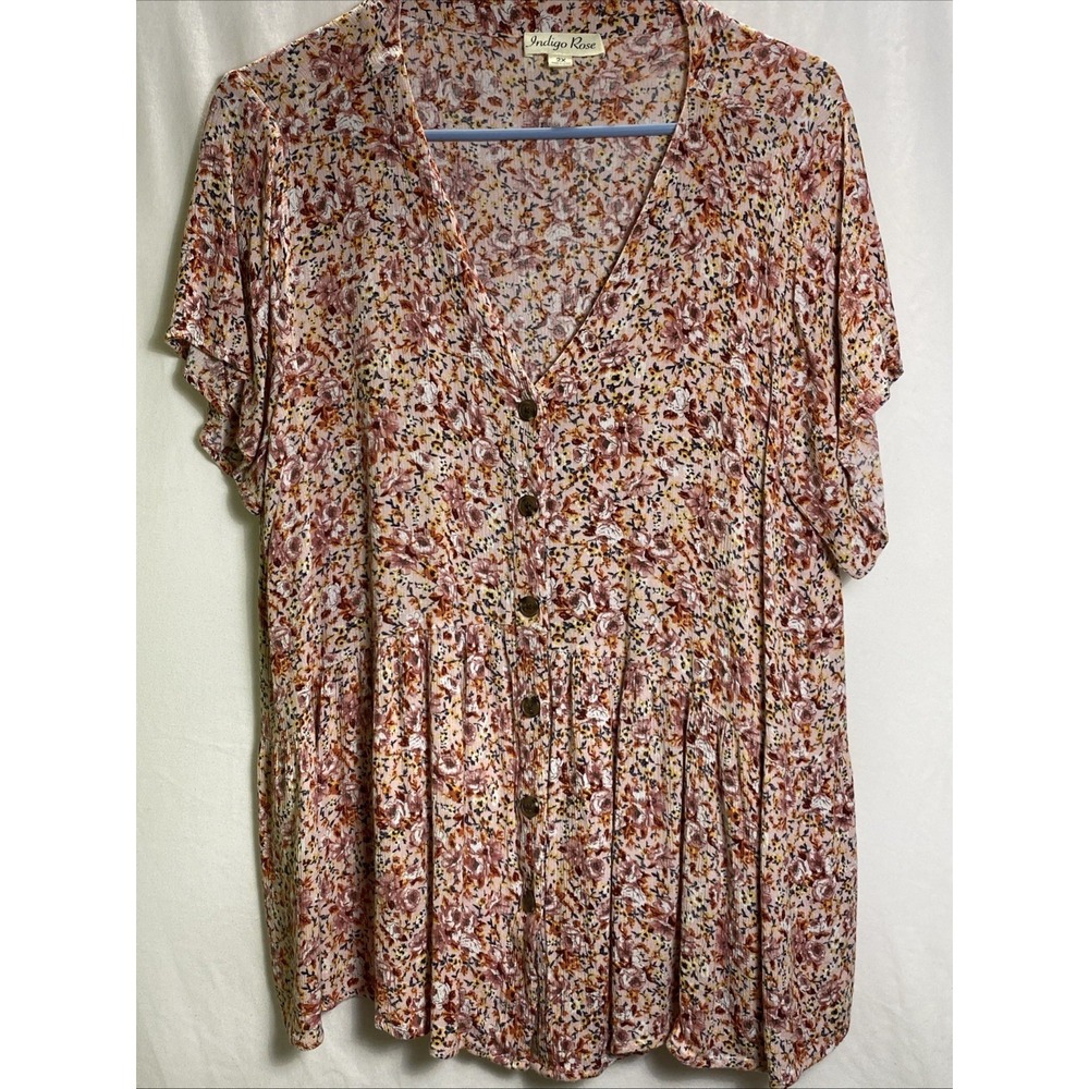 Indigo Rose Womens 2X Floral Peplum Blouse Short Sleeve Button Front Rayon Top